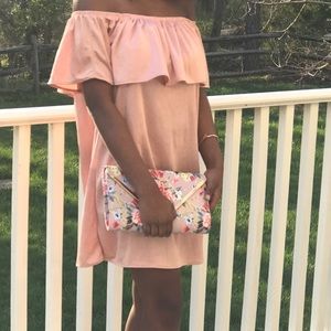 Pink off the shoulder silk dress